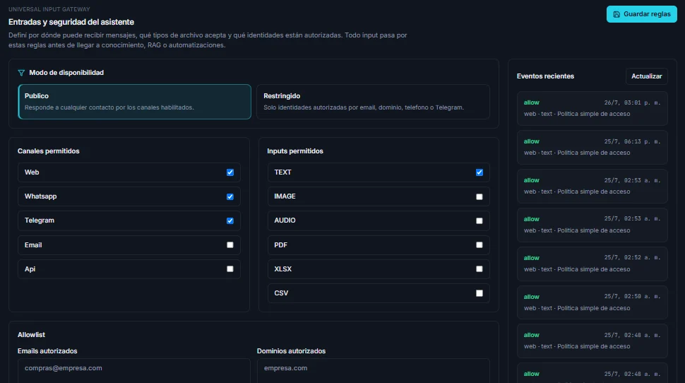 Pantalla real de Kanntraia para configurar canales, tipos de entrada y eventos del Firewall del asistente