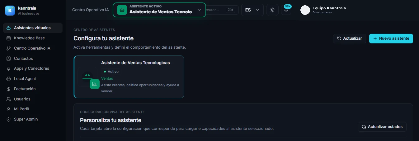 Pantalla real de configuración de asistentes en Kanntraia, con datos personales reemplazados